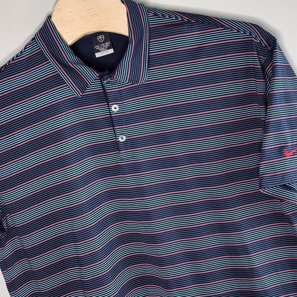 Nike Dri-Fit UV Shirt Mens Size XXL  Striped Short Sleeve‎ Navy Red Blue READ